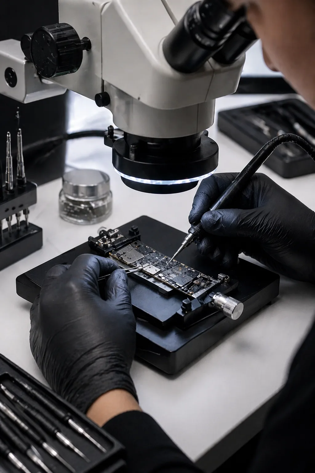 Board-level smartphone repair under a microscope with precision soldering tools