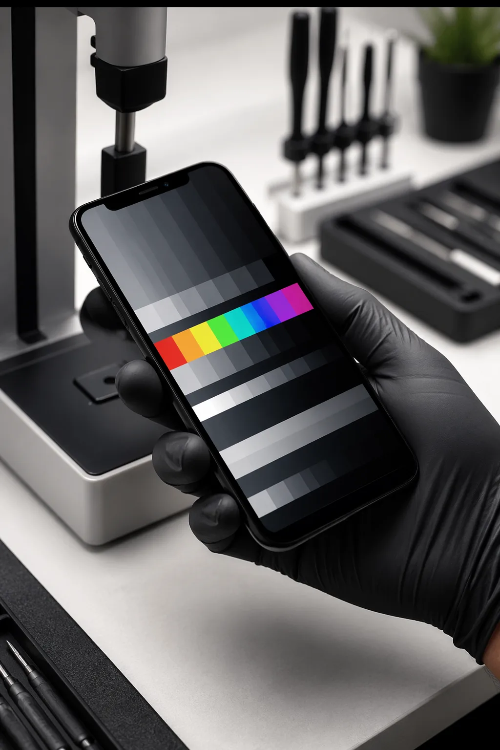 Smartphone display calibration on a clean repair bench with color bars and precision tools
