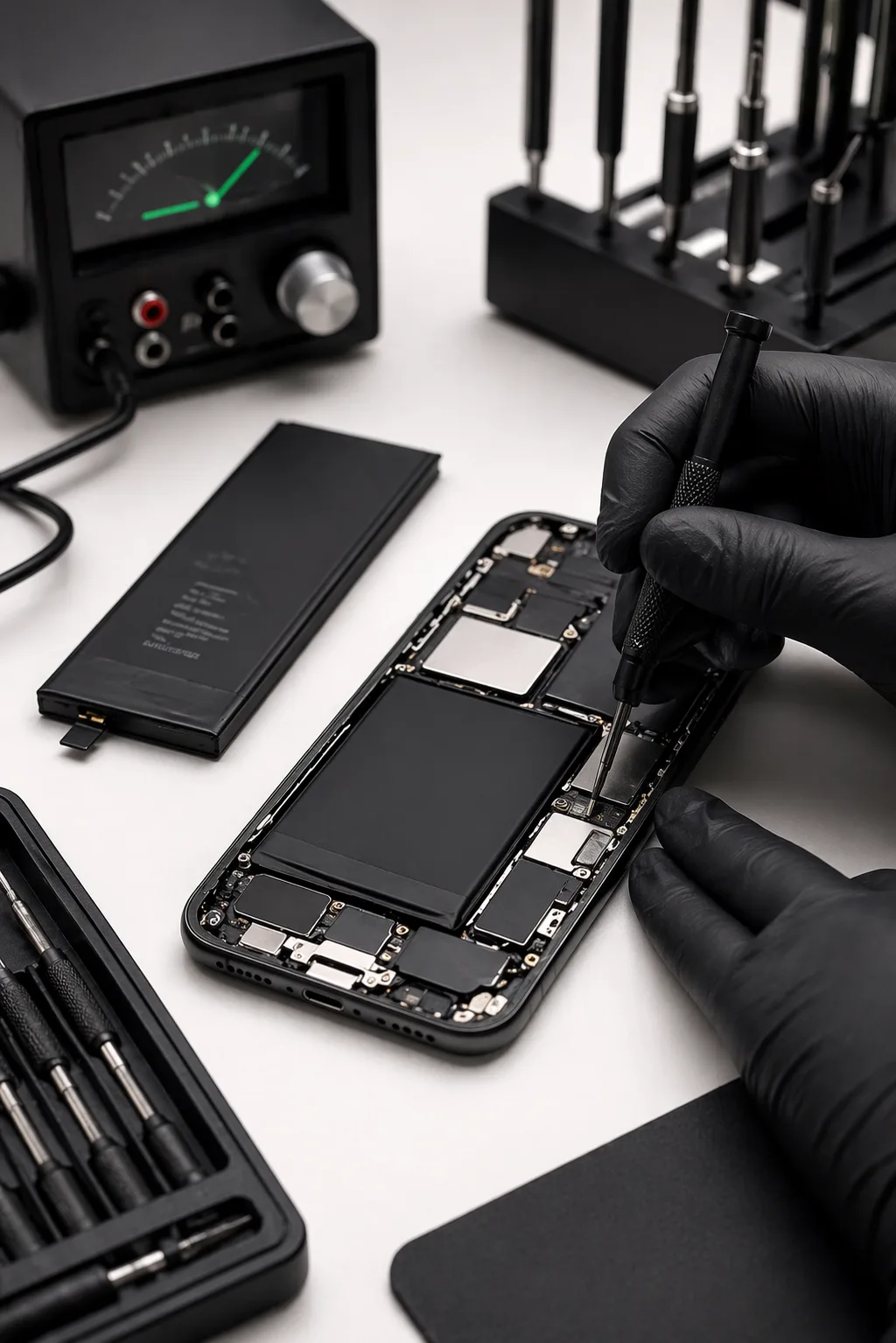 Open smartphone battery and charging system diagnostics with precision tools on a clean bench