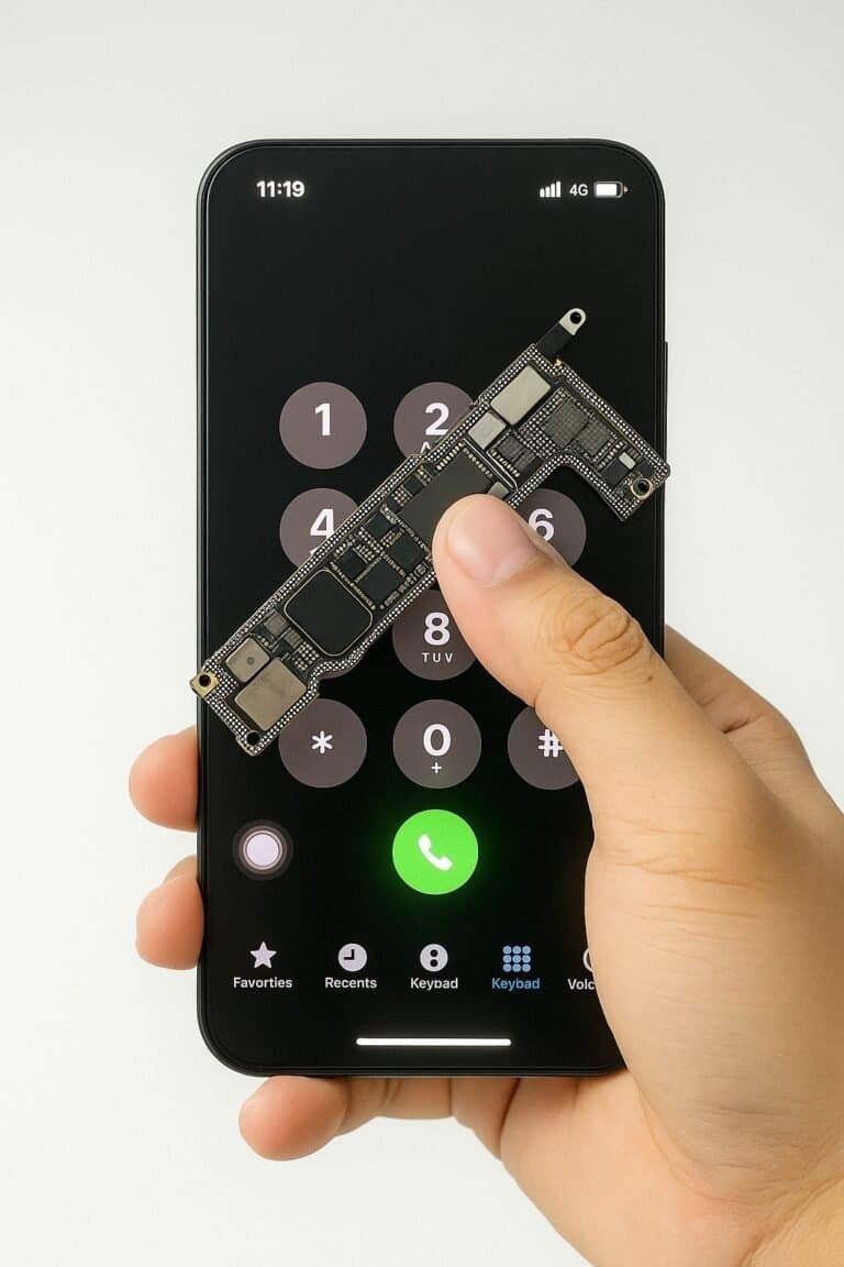 Thunderfix repair work from Facebook showing a phone motherboard check